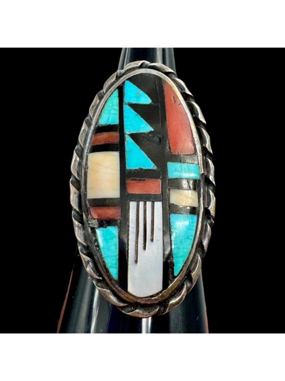 Vintage Zuni Sterling Silver Inlay Statement Ring Signed J.R.B. Sz 6.75 Bowannie - Picture 14 of 14